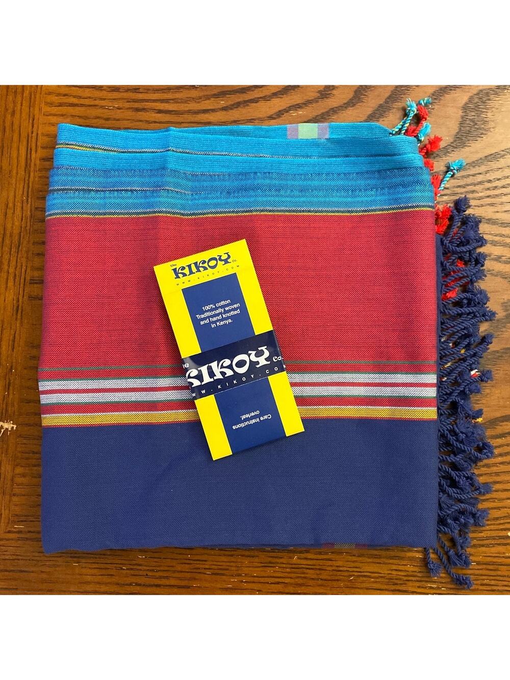 KIKOY KIKOI - African Wrap Sarong Kenya NEW Blue Red Tassel 100% Cotton